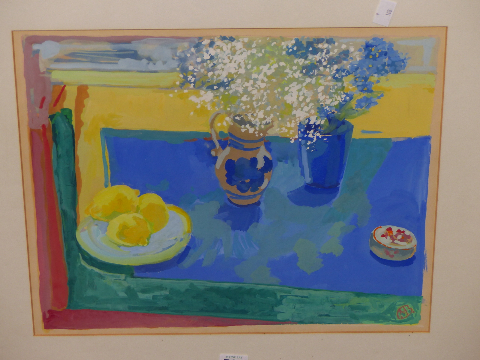 MOLLIE BINFIELD (20TH CENTURY), GYPSOPHILA AND LEMONS, SIGNED WITH INITIALS, GOUACHE, 43 x 35cms, - Image 5 of 9