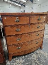 A 19th C. MAHOGANY BOW FRONT CHEST OF TWO SHORT AND THREE LONG DRAWERS ON BRACKET FEET. W 104 x D 51