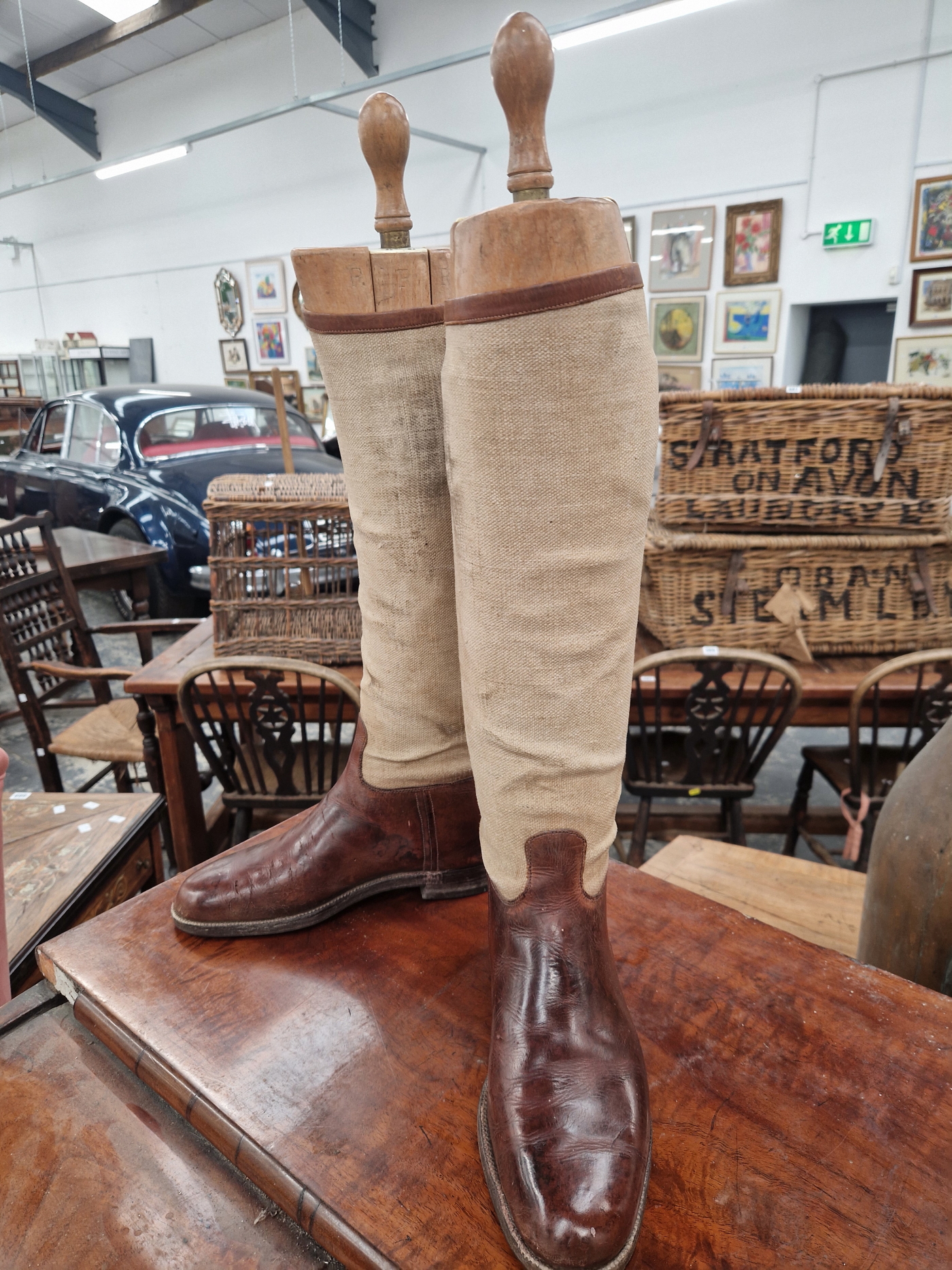 A PAIR OF LADYS BLACK LEATHER HUNTING BOOTS WITH PEAL & CO TREES TOGETHER WITH A PAIR OF CANVAS - Image 2 of 7