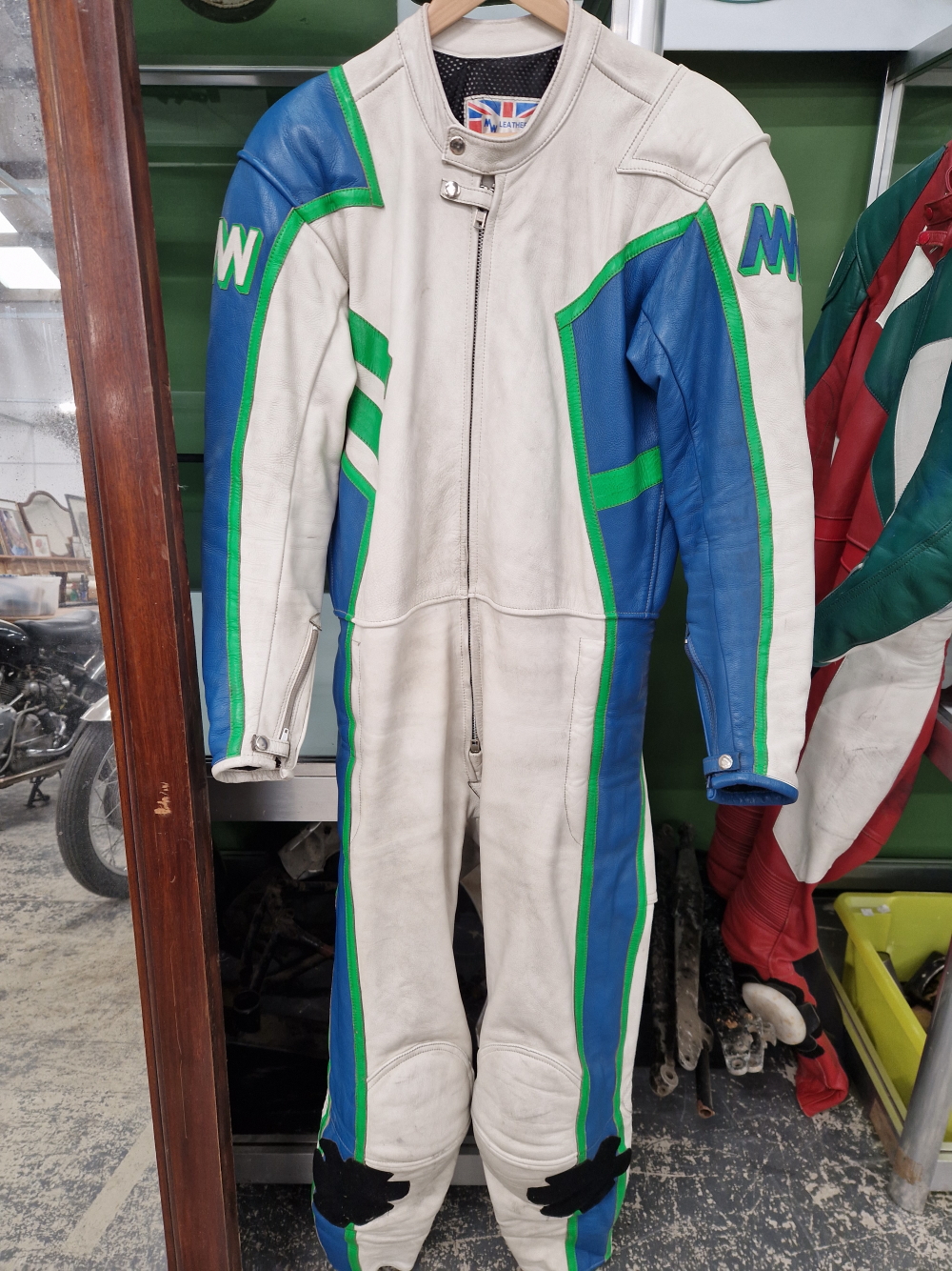 VINTAGE MIKE WILLIS MW LEATHERS. MOTORCYCLE RACING ONE PIECE SUIT, BLUE VIVID GREEN AND WHITE.