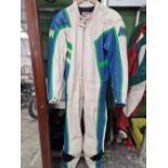 VINTAGE MIKE WILLIS MW LEATHERS. MOTORCYCLE RACING ONE PIECE SUIT, BLUE VIVID GREEN AND WHITE.