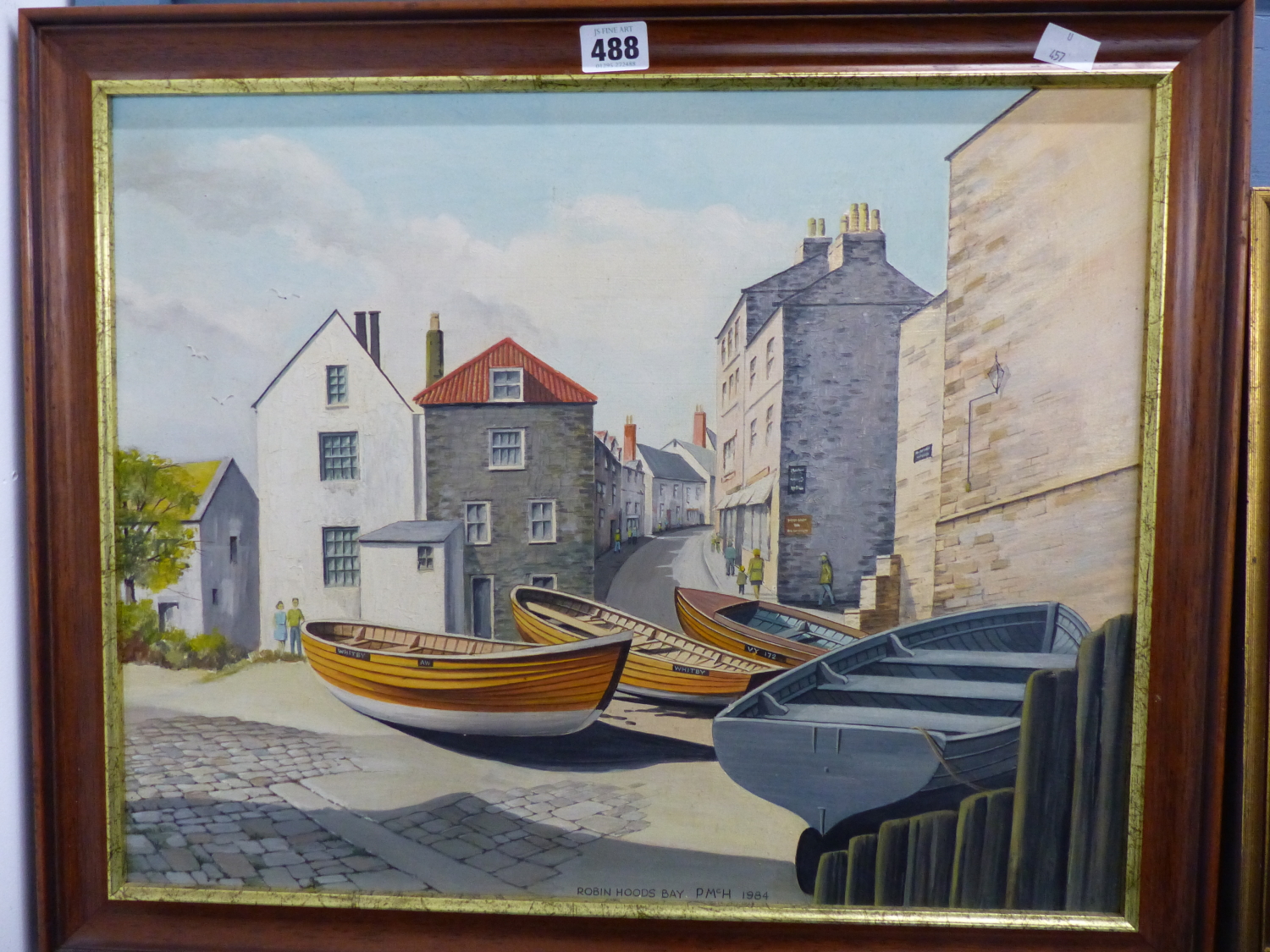 P MC H (20TH CENTURY), ROBIN HOOD'S BAY WITH WHITBY BOATS, SIGNED WITH INITIALS AND TITLED, OIL ON - Image 2 of 3
