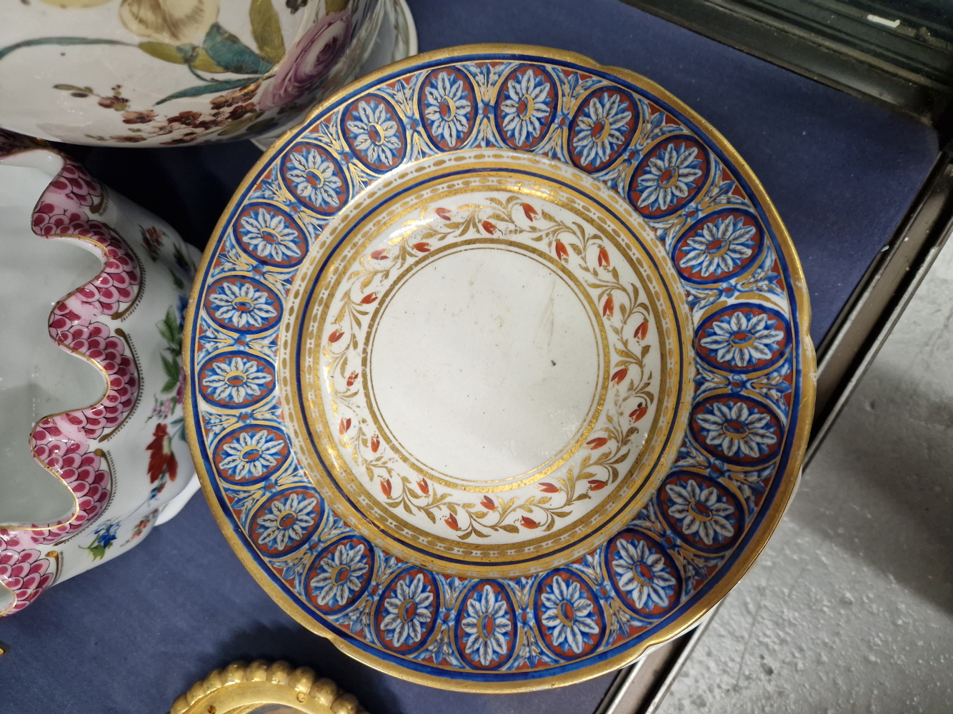 A SET OF SIX BLUE AND WHITE FLORAL PLATES, CROSSED SWORDS MARKS, TWO ENGLISH SOUP PLATES, A - Image 2 of 6