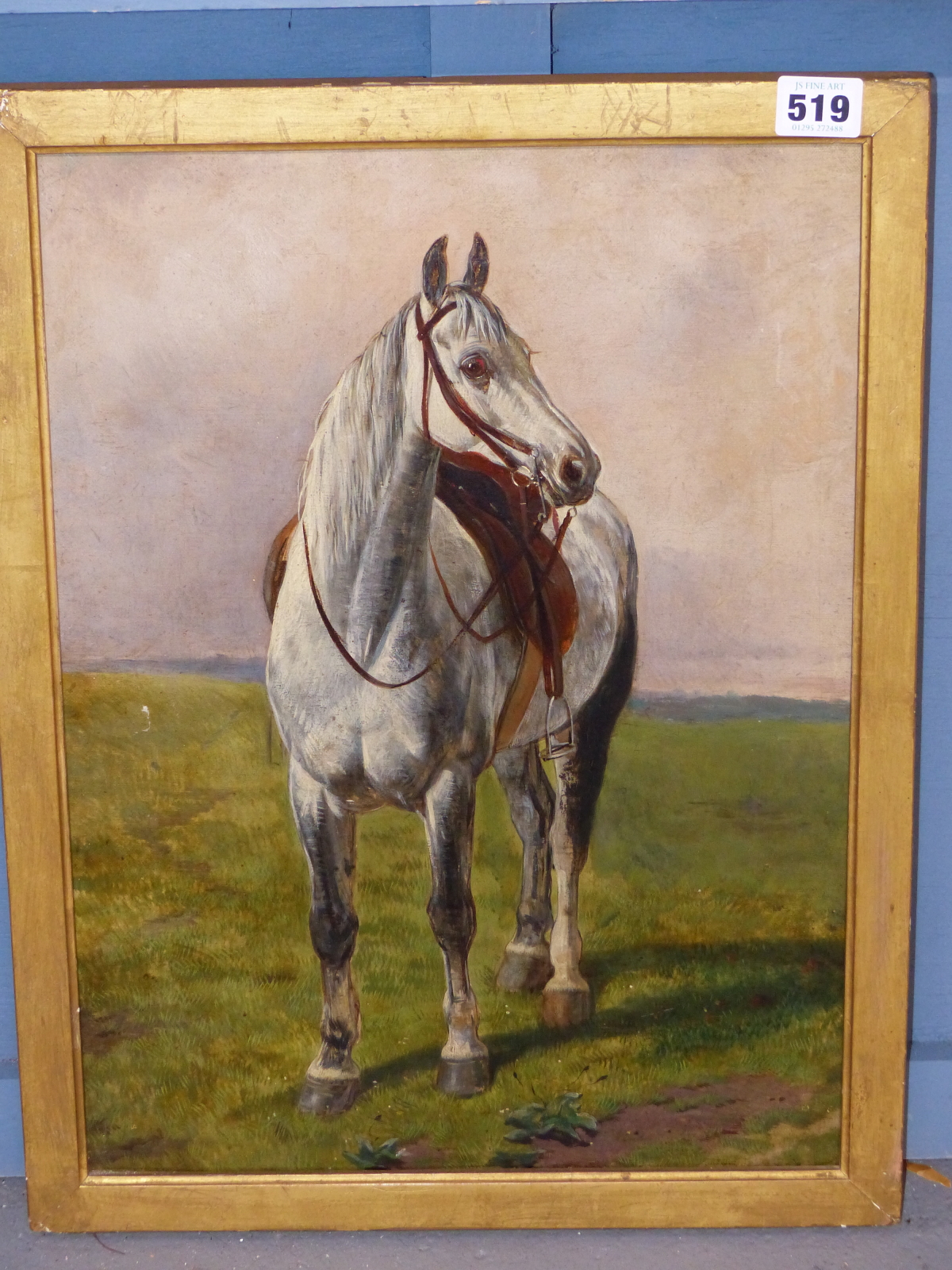 ENGLISH SCHOOL (19TH CENTURY), SADDLED DAPPLE GREY HORSE IN A LANDSCAPE, OIL ON CANVAS, RELINED, - Image 2 of 4