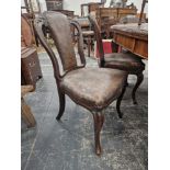 A SET OF SIX VICTORIAN MAHOGANY CHAIRS, EACH WITH THE BROWN LEATHERETTE UPHOLSTERED BACKS FLANKED BY