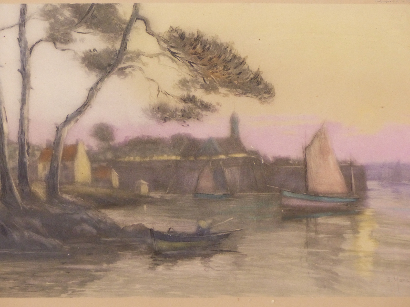 A COLOUR LITHOGRAPH OF CONCARNEAU AFTER J. MARCELIN, TOGETHER WITH A BATIQUE OF A HOUSE SIGNED S.