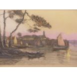 A COLOUR LITHOGRAPH OF CONCARNEAU AFTER J. MARCELIN, TOGETHER WITH A BATIQUE OF A HOUSE SIGNED S.