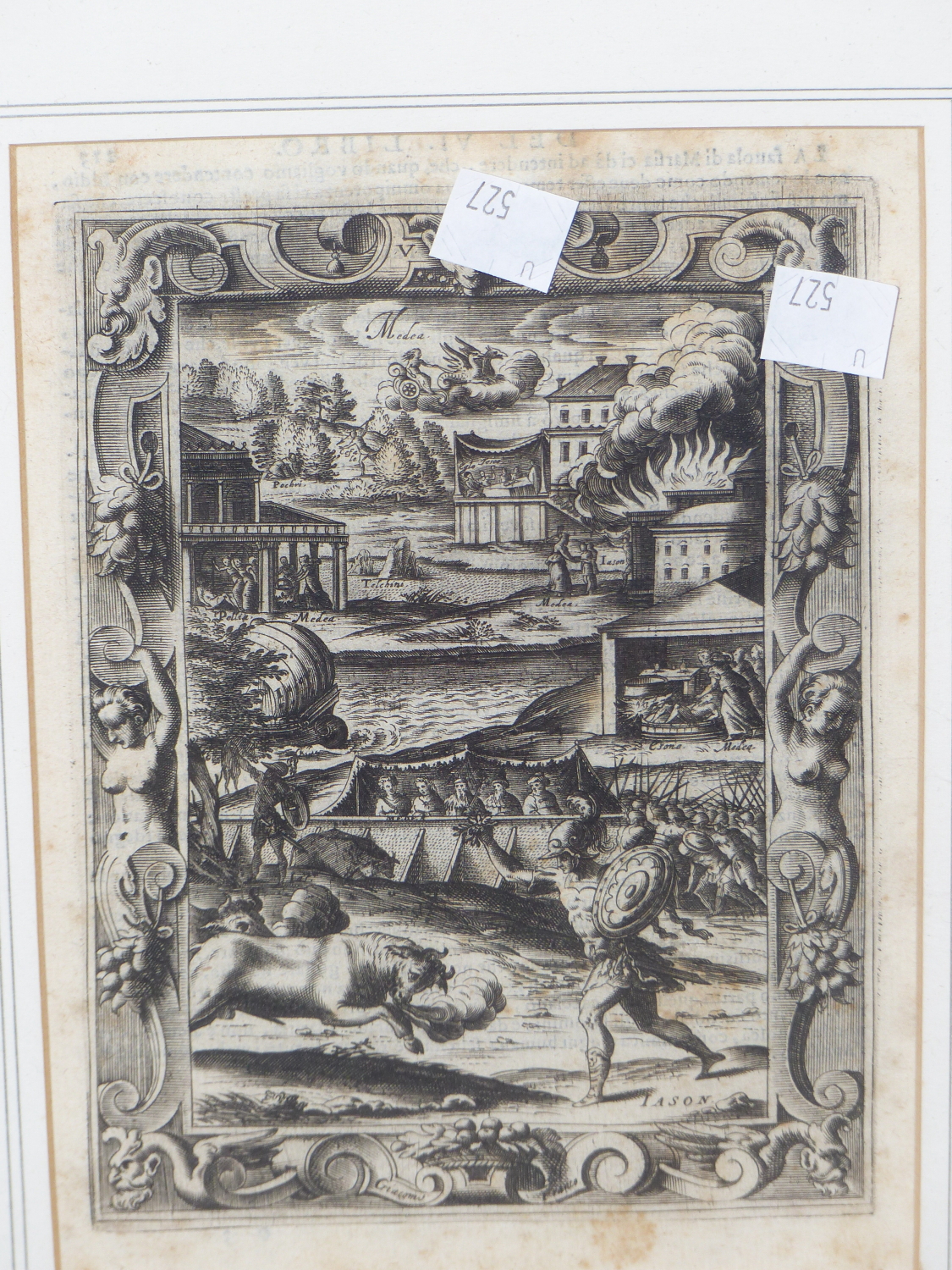 TWO FRAMED ENGRAVED BOOK PLATES DEPICTING JASON AND THE COLCHIS BULLS AND CADMUS SLAYING THE DRAGON,