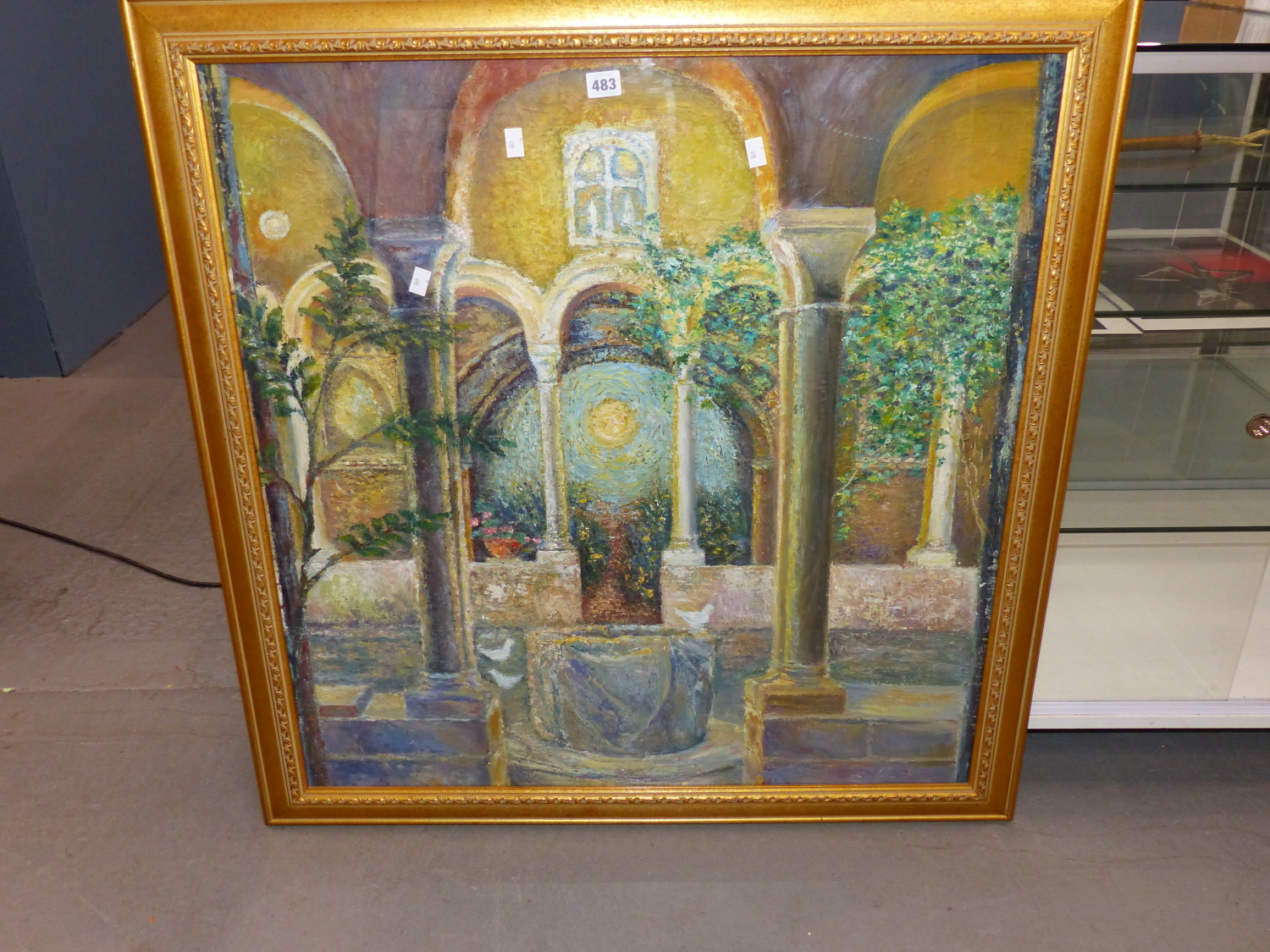 CONTINENTAL SCHOOL (20TH CENTURY), INTERIOR COURTYARD SCENE WITH DOVES AROUND A WELL, IMPASTO OIL, - Image 2 of 6