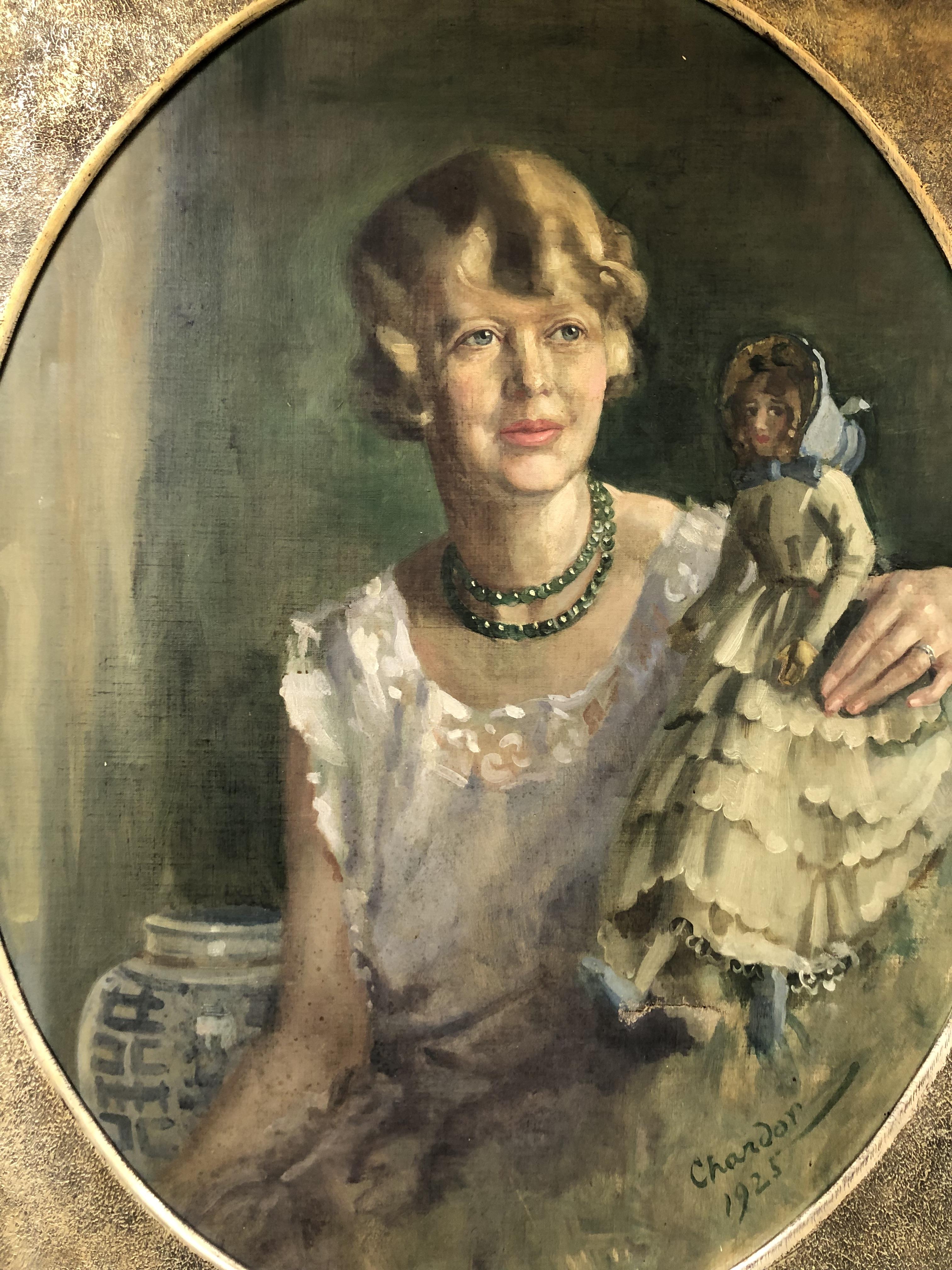 DOUGLAS GRANVILLE CHANDOR (1897-1953) PORTRAIT OF A LADY WITH HER DOLL. OIL ON CANVAS SIGNED L/R - Image 3 of 6