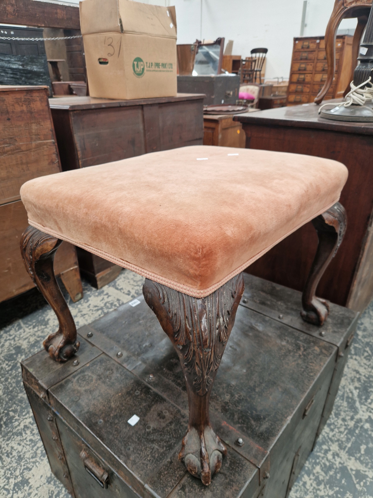 A MAHOGANY STOOL, THE PINK VELVET SEAT ON CABRIOLE LEGS WITH BALL AND CLAW FEET - Image 6 of 6