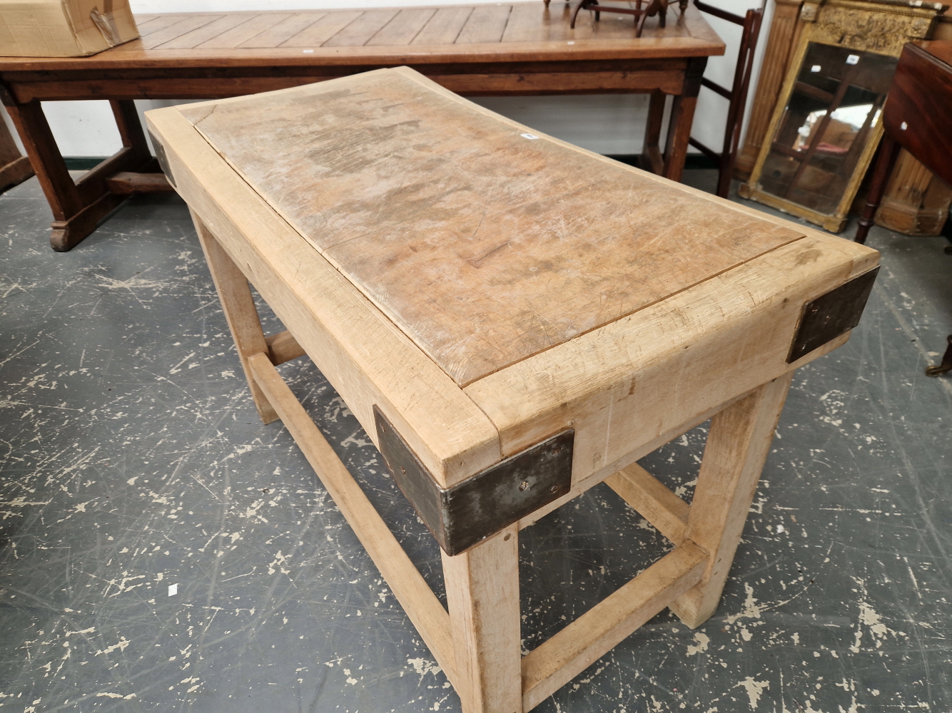 A VINTAGE BUTCHERS BLOCK ON PINE LEGS, LABELED G. RUSHBROOK, SMITHFIELD  W 122 x D 63 x H 84cms. - Image 2 of 5