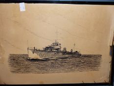 G. ROCK (EARLY 20TH CENTURY), THREE PEN AND INK SKETCHES OF SHIPS COMPRISING H.M.S. EFFINGHAM, H.M.