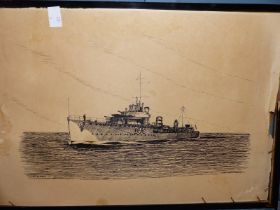 G. ROCK (EARLY 20TH CENTURY), THREE PEN AND INK SKETCHES OF SHIPS COMPRISING H.M.S. EFFINGHAM, H.M.