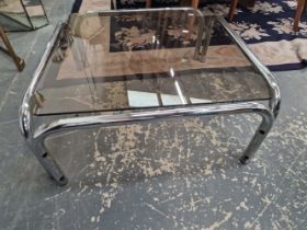 A PAIR OF RETRO CHROME FRAME COFFEE TABLES WITH SMOKE GLASS TOPS.