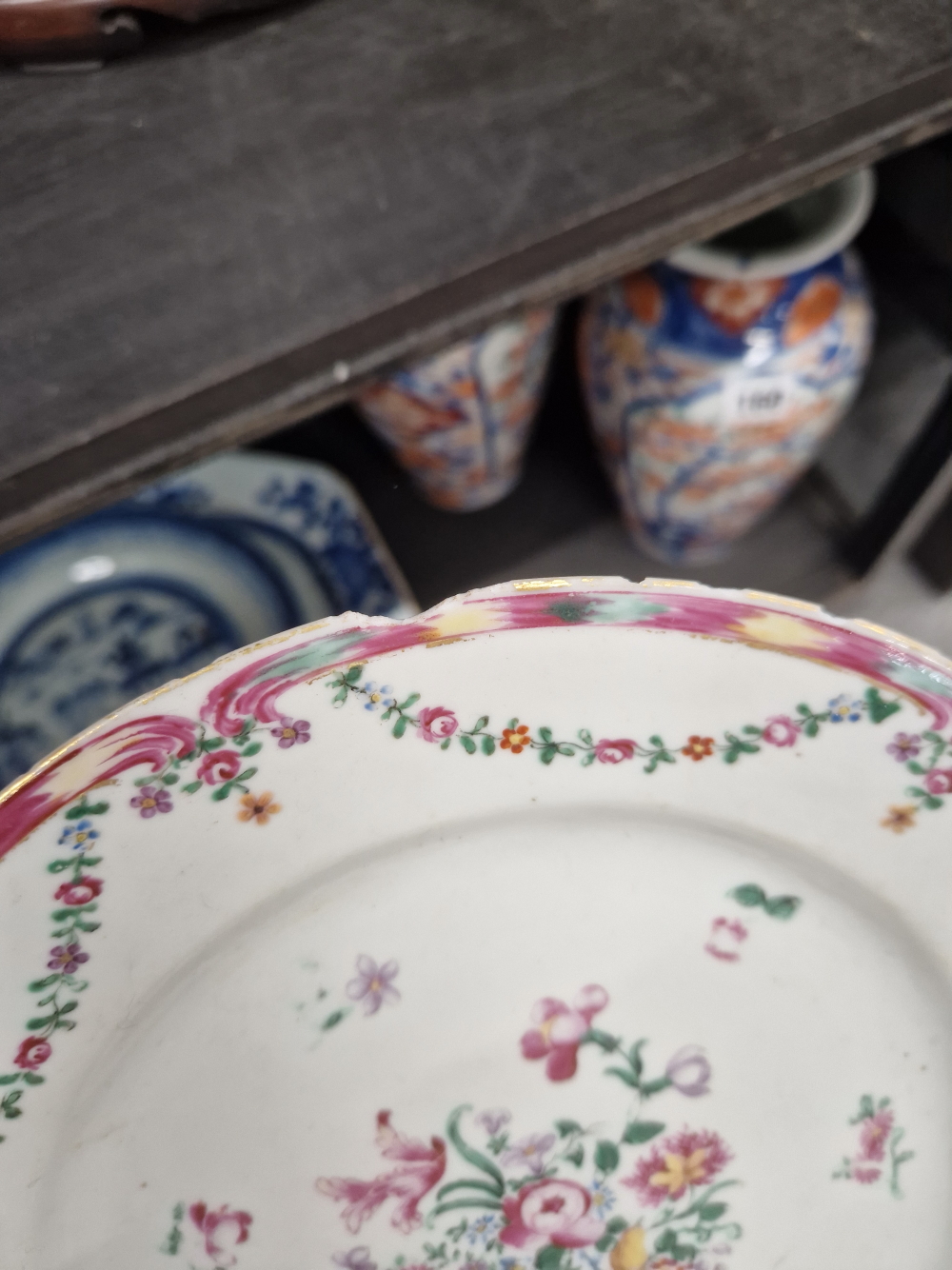 AN 18th C. CHINESE BLUE AND WHITE PLATTER, TWO PLATES, A FAMILLE ROSE PLATE, TWO BOWLS, A SPOON, A - Image 12 of 29
