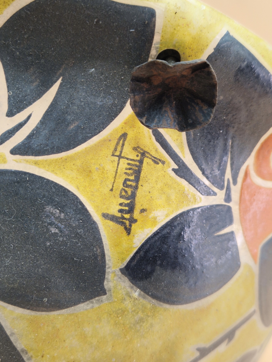 AN ART DECO GLASS CEILING BOWL PAINTED WITH BLACK LEAVES AND ORANGE ROSES, INDISTINCTLY SIGNED - Image 3 of 3