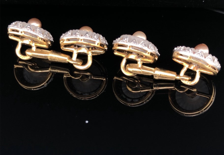 A PAIR OF CULTURED PEARL, DIAMOND AND CAMPHOR GLASS CUFFLINK / DRESS BUTTONS. EACH PAIR JOINED BY - Image 3 of 6