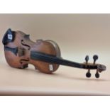 A VIOLIN AND BOW, THE BACK OF THE FORMER. 34CMS.