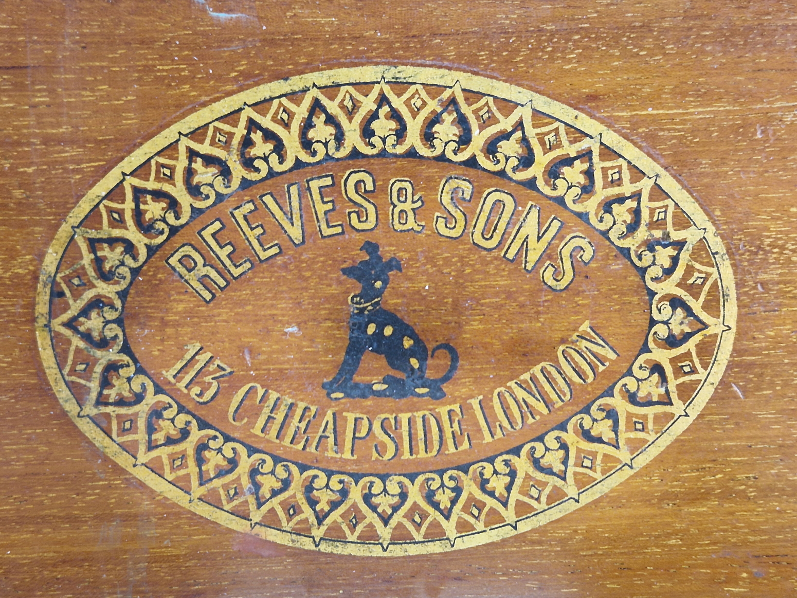 A LATE VICTORIAN REEVES MAHOGANY PAINT BOX CONTAINING UNUSED BLOCKS OF PAINT, CERAMIC PALETTES IN - Image 3 of 7