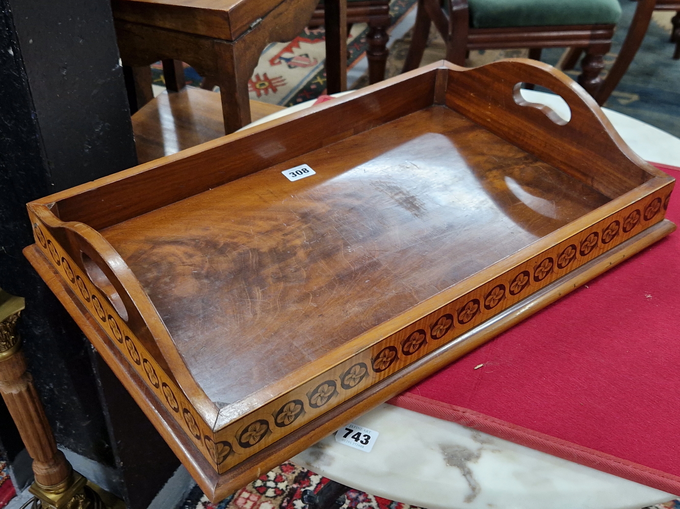 A MAHOGANY TWO HANDLED TRAY, THE SATIN WOOD EXTERIOR OF THE GALLERY INLAID WITH GUILLOCHE ROUNDELS - Image 3 of 5