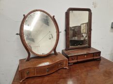 TWO 19th C. DRESSING TABLE MIRRORS, EACH SUPPORTED ON THREE DRAWER BASES, THE OVAL MIRROR ON A