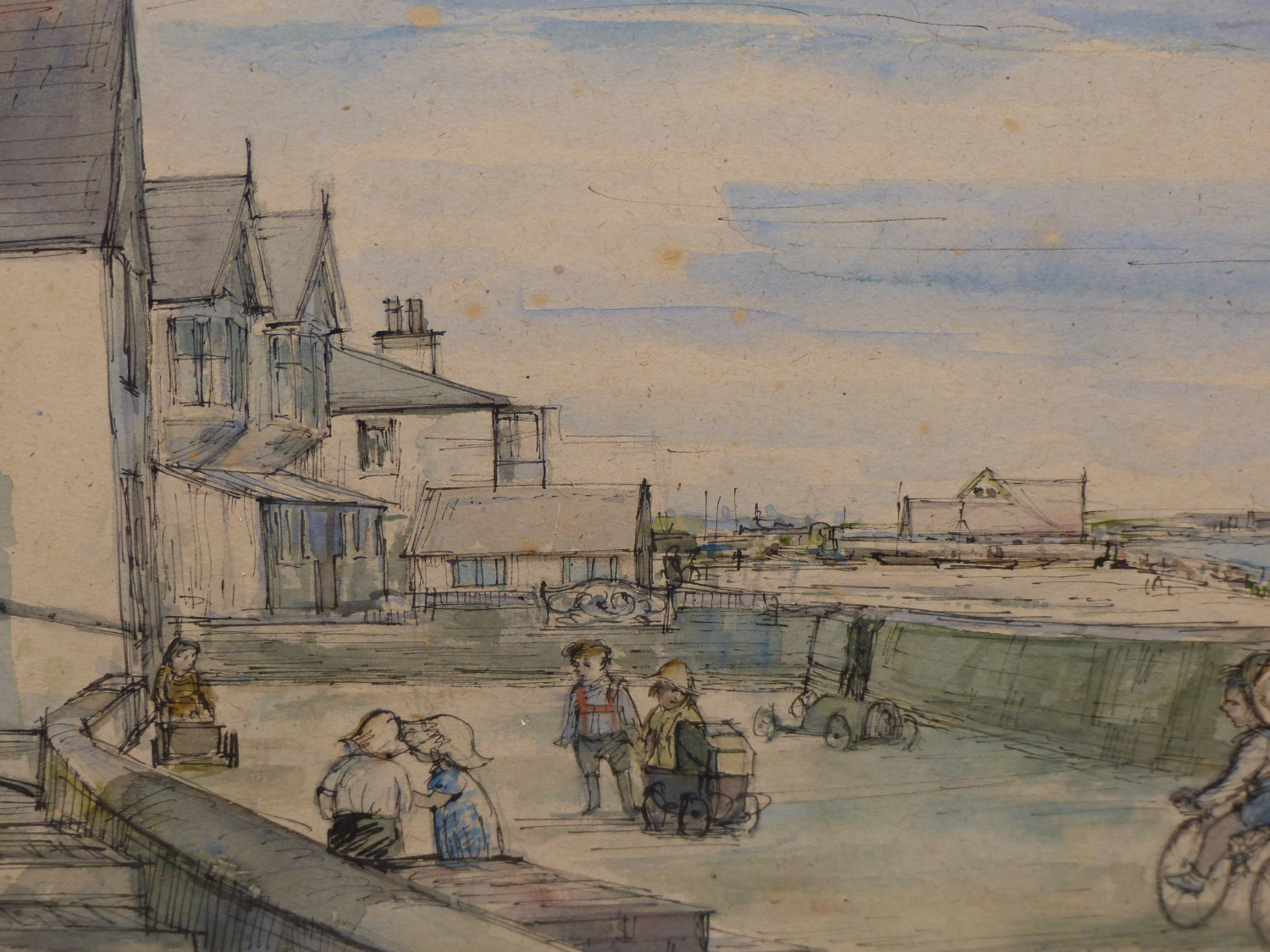 PETER CUMMING (1916-1993) ARR, CHILDREN PLAYING BY HARBOUR FRONT HOUSES, SIGNED AND DATED 20/4/52, - Image 2 of 7