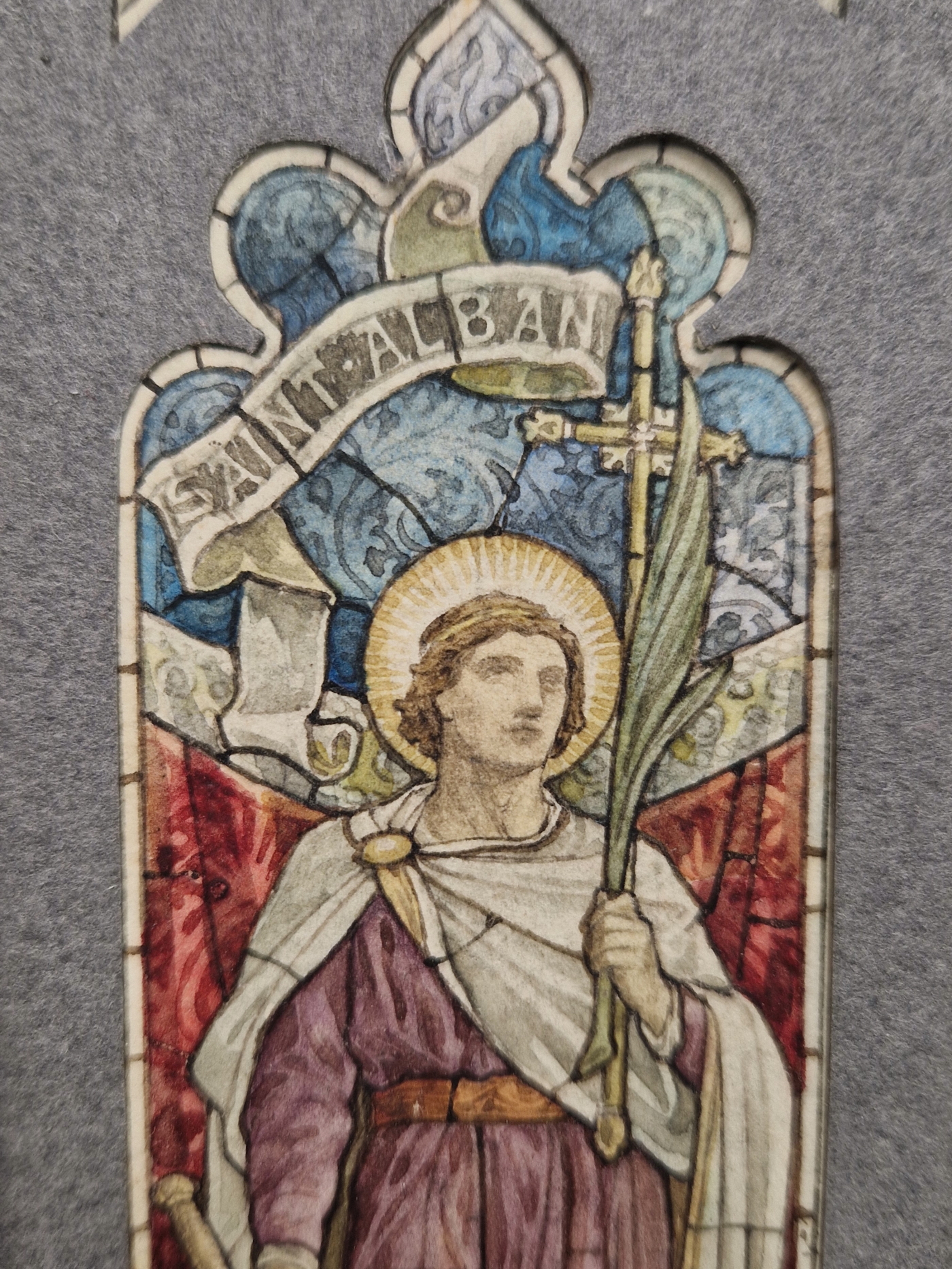 HEATON BUTLER & BAYNE, A STAINED GLASS WINDOW DESIGN DEPICTING ST ALBAN, WATERCOLOUR, 5.5 x 16cms - Image 3 of 4