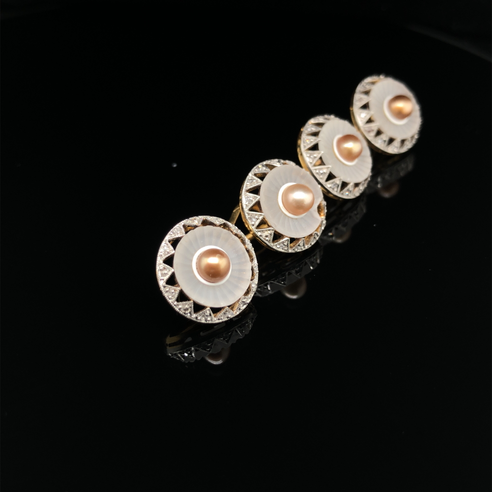A PAIR OF CULTURED PEARL, DIAMOND AND CAMPHOR GLASS CUFFLINK / DRESS BUTTONS. EACH PAIR JOINED BY - Image 2 of 6