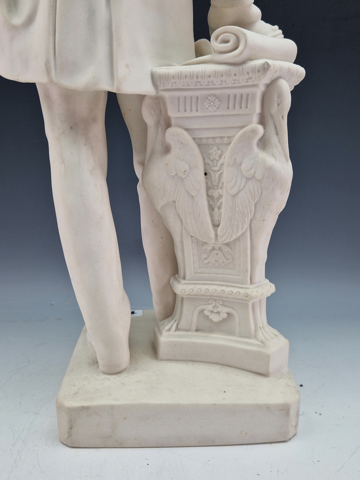 A 19th C. PARIAN FIGURE OF COLIN MINTON CAMPBELL STANDING HOLDING A CUP ON A COLUMN MOULDED THIS - Image 10 of 11