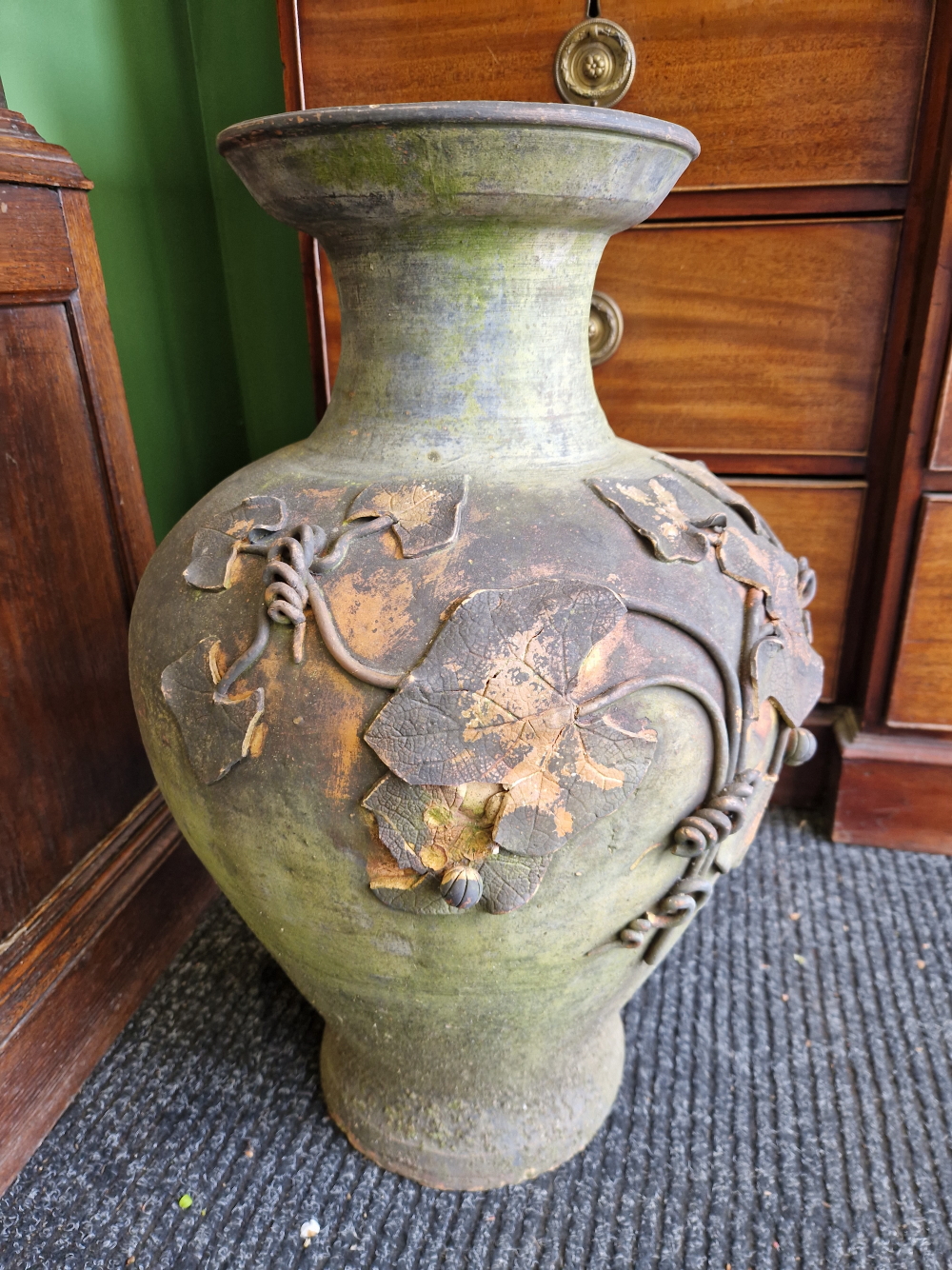 A PAIR OF VINTAGE WEATHERED TERRACOTTA BALUSTER VASES. - Image 2 of 2