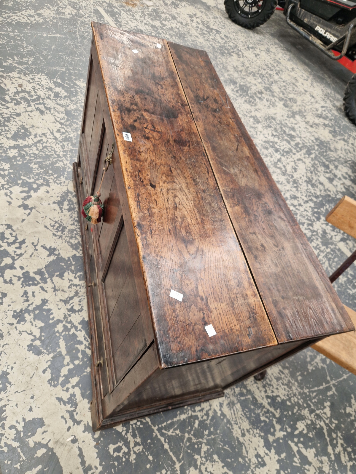 AN 18th C. OAK MULE CHEST LATER CONVERTED WITH A PULL DOWN THREE PANELLED FRONT OVER TWO DRAWERS, - Image 3 of 6