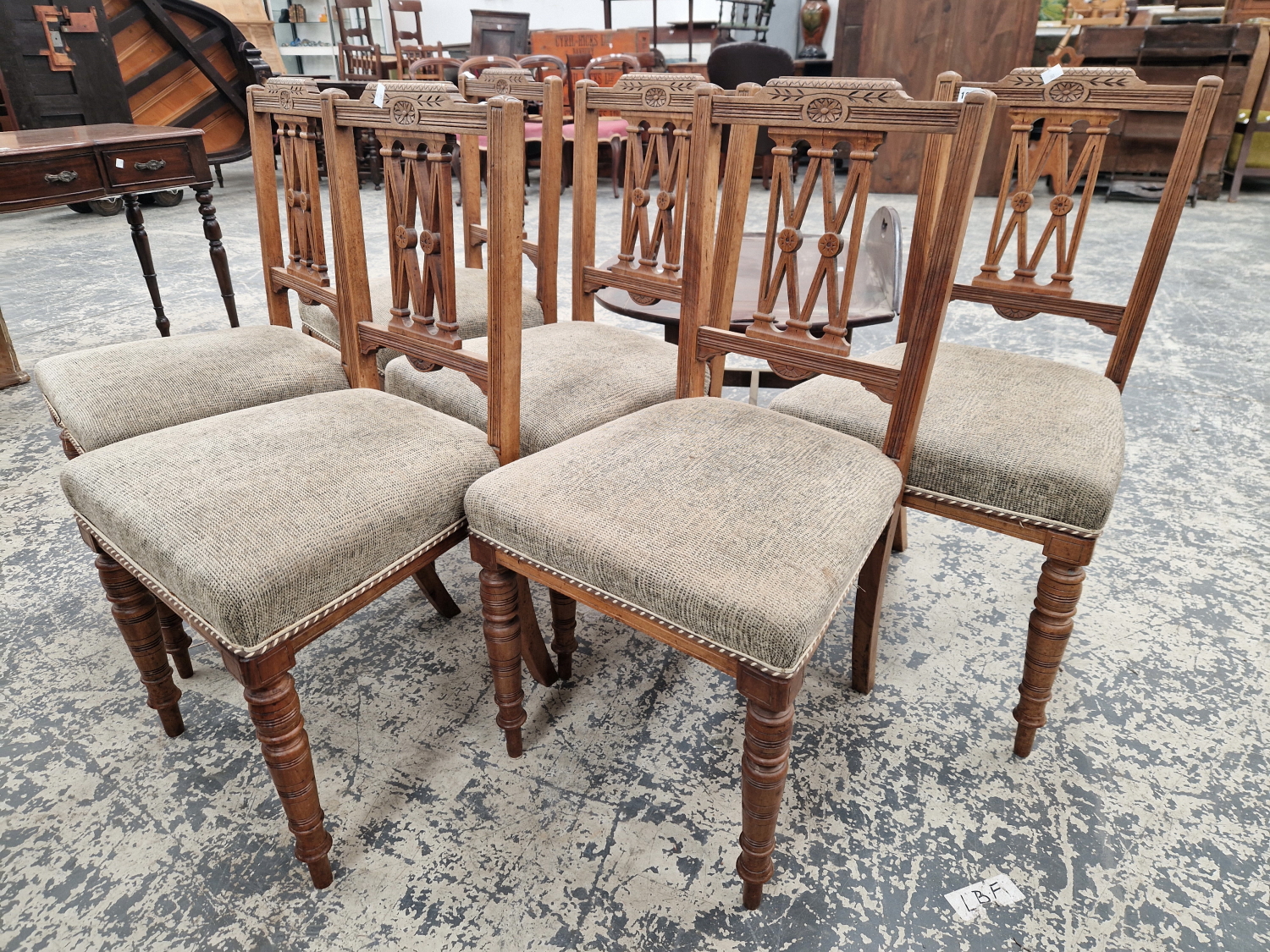 A SET OF SIX LATE VICTORIAN WALNUT SALON SIDE CHAIRS.