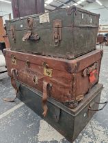 A GREEN AND A BLACK METAL TRUNK TOGETHER WITH A BROWN CANVAS COVERED TRUNK