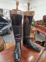 A PAIR OF LADYS BLACK LEATHER HUNTING BOOTS WITH PEAL & CO TREES TOGETHER WITH A PAIR OF CANVAS