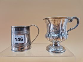A VICTORIAN SILVER MUG BY WILLIAM HEWITT, LONDON 1838, EMBOSSED WITH FLOWERS TOGETHER WITH A QUARTER