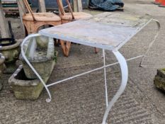 A WROIYGHT IRON COFFEE TABLE, A NEST OF TWO TABLES AND A SMALL SELECTION OF GARDEN PLANTERS.