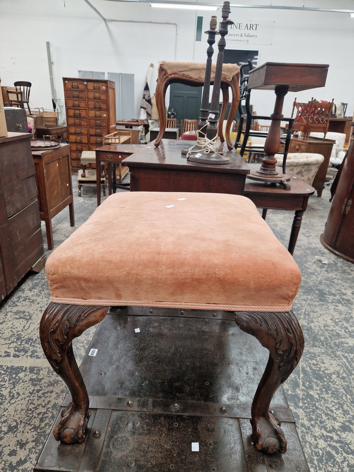 A MAHOGANY STOOL, THE PINK VELVET SEAT ON CABRIOLE LEGS WITH BALL AND CLAW FEET - Image 5 of 6
