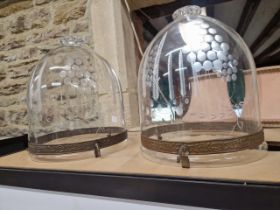 A PAIR OF DOMED GLASS CEILING BOWLS CUT WITH GRAPES, THE BASES WITH STRAWBERRY PRUNTED KNOPS. Dia.