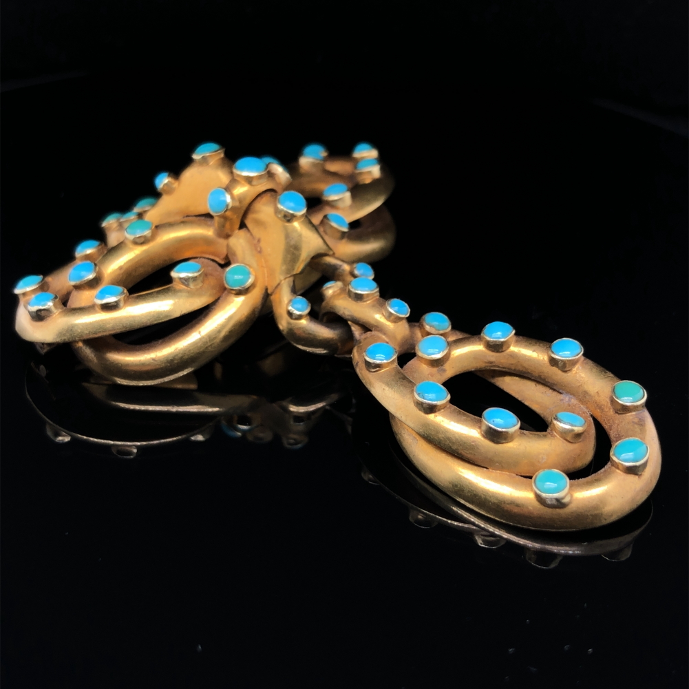 A VICTORIAN TURQUOISE SET LOVERS KNOT BROOCH WITH SERPENTINE STYLE ARTICULATED DROP AND MEMORIAL - Image 5 of 17