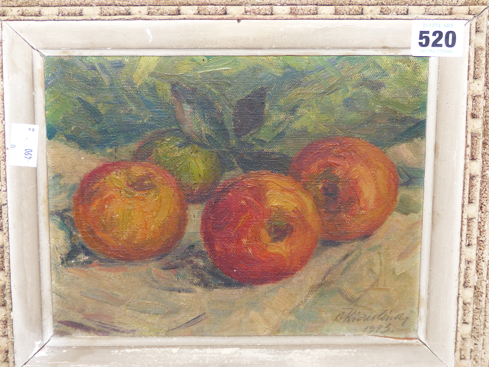 CONTINENTAL SCHOOL (20TH CENTURY), STILL LIFE OF APPLES, INDISTINCTLY SIGNED AND DATED 1943, OIL - Image 2 of 5