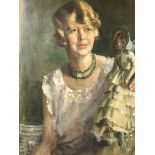 DOUGLAS GRANVILLE CHANDOR (1897-1953) PORTRAIT OF A LADY WITH HER DOLL. OIL ON CANVAS SIGNED L/R