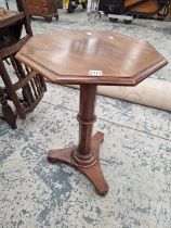 A 19th C. MAHOGANY TABLE, THE TOP AND SUPPORTING COLUMN OCTAGONAL, THETRIPOARTITE PLINTH ON BUN