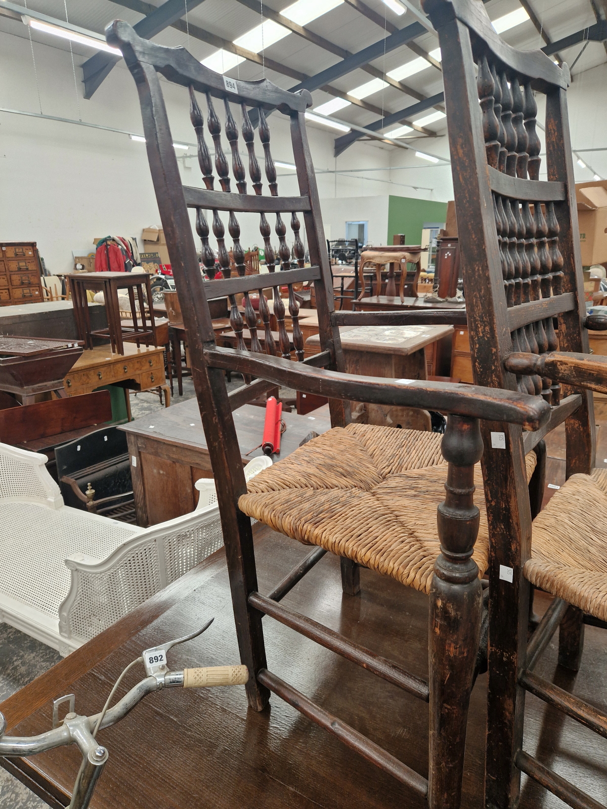 A PAIR OF COUNTRY ELBOW CHAIRS, THE BACKS WITH THREE ROWS OF SPINDLES - Image 3 of 3