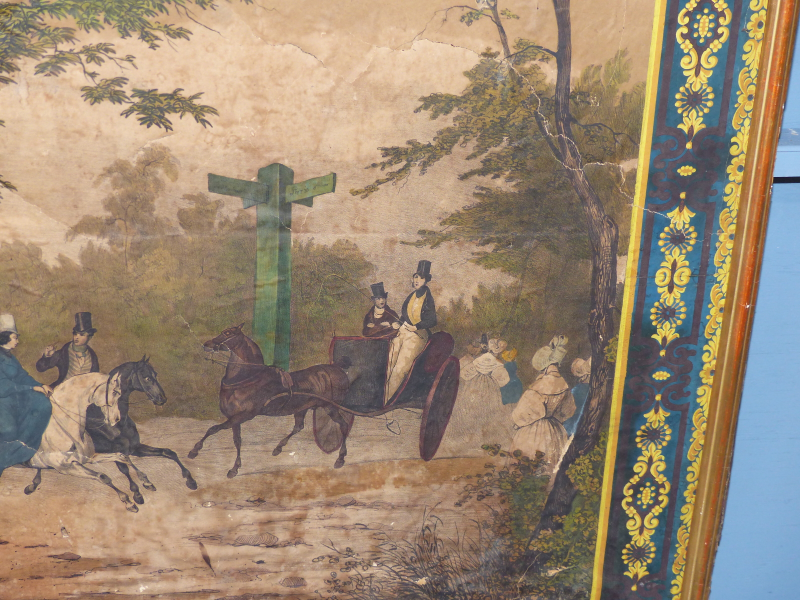 A 19TH CENTURY FRENCH LITHOGRAPH OF EQUESTRIANS ON THE ROAD NEAR PARIS, SOME HAND COLOURING, LAID ON - Image 3 of 7