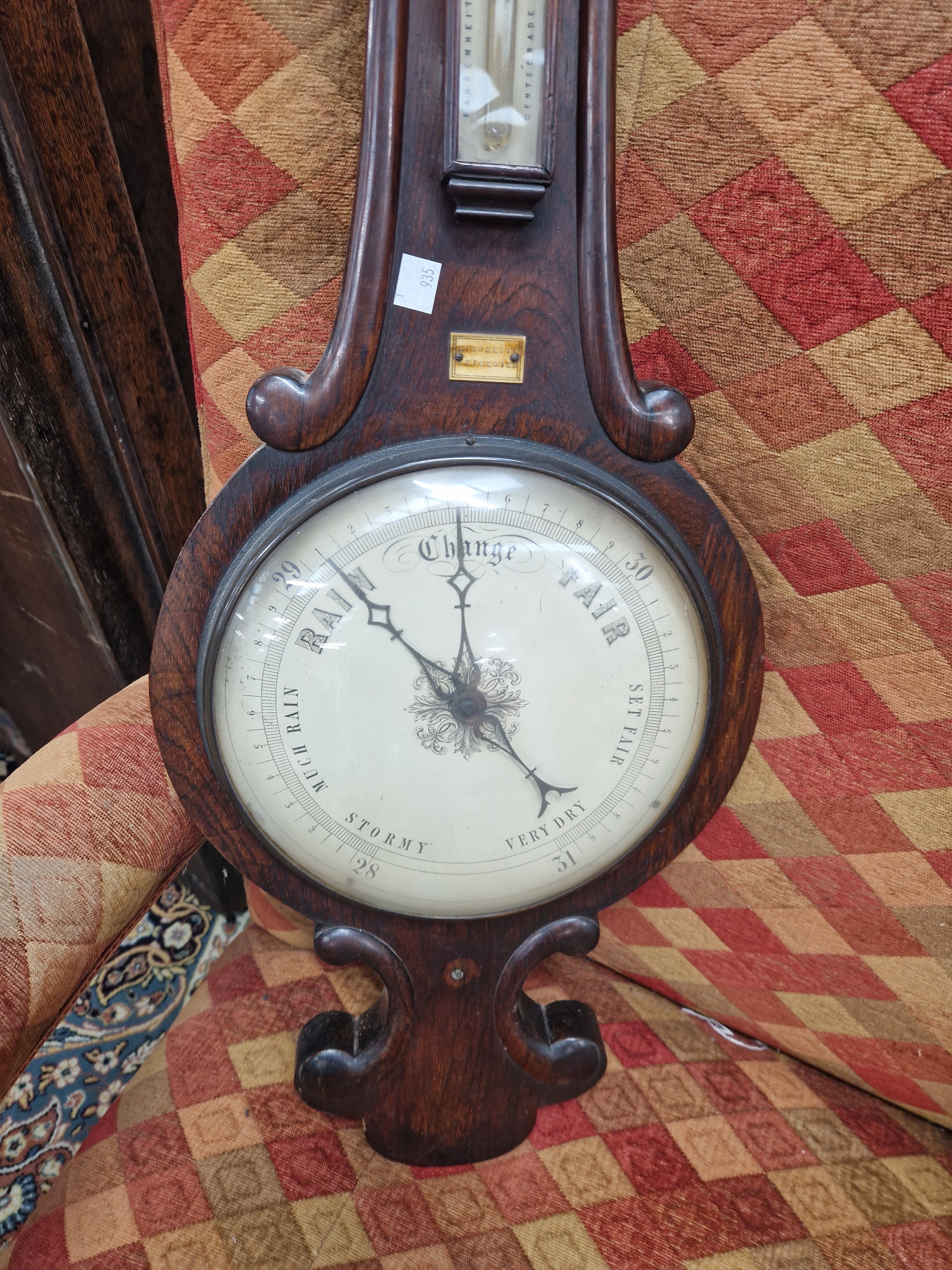 A ROSEWOOD BANJO BAROMETER LABELLED FOR MINORETTI OF LEICESTER WITH AN ALCOHOL THERMOMETER ABOVE THE - Image 2 of 3