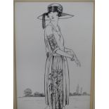 ATTRIBUTED TO ELLEN DYER, A 1920S LADY WALKING AS SHE PUTS ON HER GLOVES, PEN AND INK. 33 x 23cms.