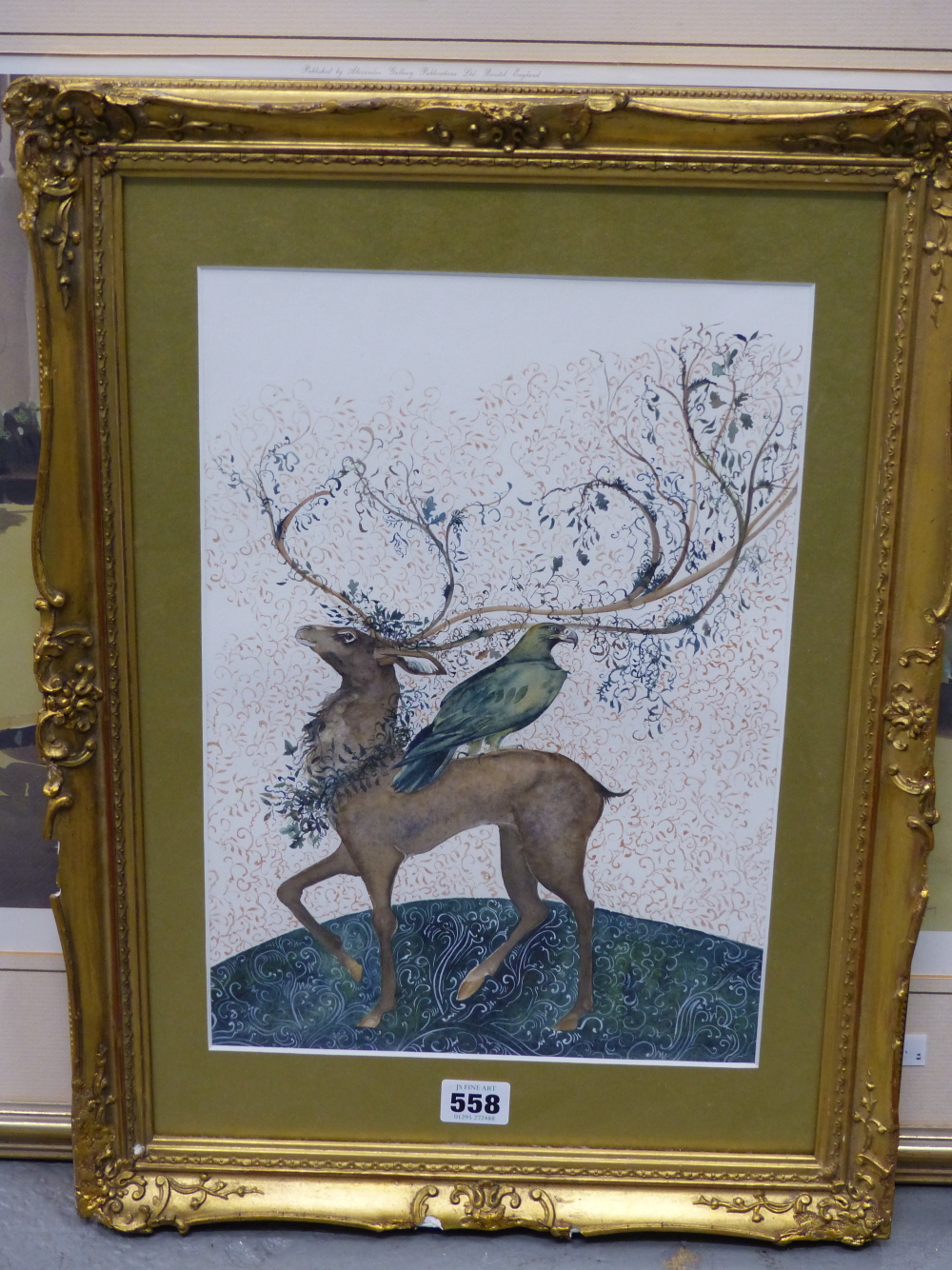 JACKIE MORRIS (20TH/21ST CENTURY) ARR, STAG AND EAGLE, WATERCOLOUR HIGHLIGHTED WITH GILT, 24.5 x - Image 3 of 8