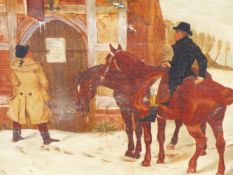 G. JEFFERSON (LATE 19TH/EARLY 20TH CENTURY), GENTLEMEN AND HORSES AT A CLOSED WAYSIDE INN, SIGNED,