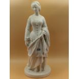 A MINTON PARIAN FIGURE OF A VICTORIAN LADY STANDING ON A CIRCULAR CARPET MOULDED BASE HOLDING UP A